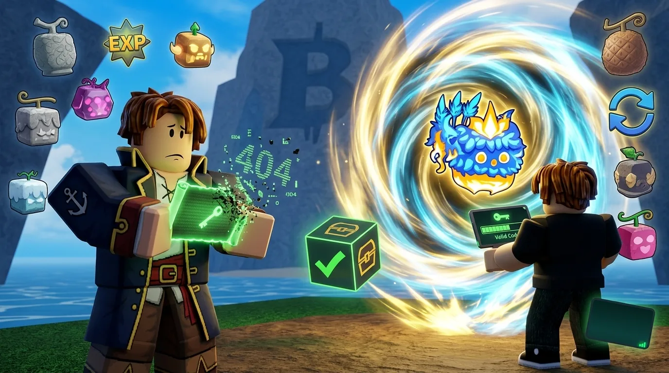رسم توضيحي لخطوات استبدال كود في لعبة Blox Fruits